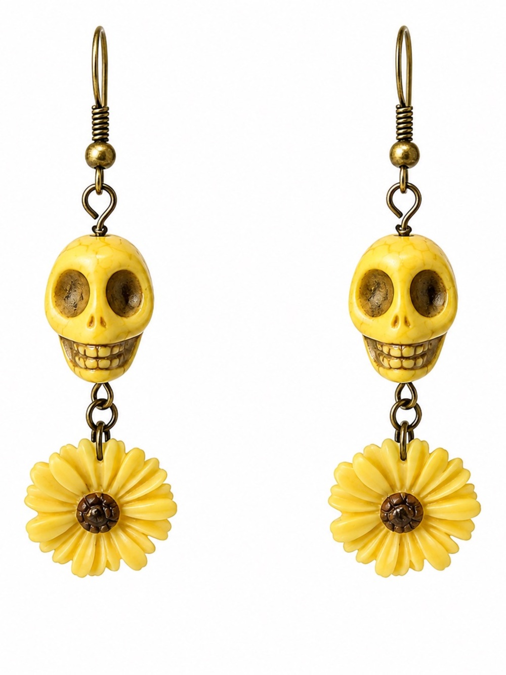 Yellow Skull And Floral Earrings
